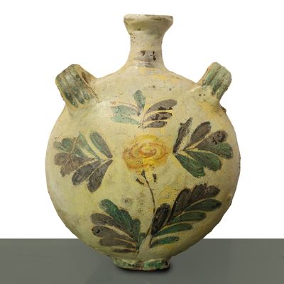 Borraccia in Maiolica di Caltagirone con Fiore Policromo al Fronte