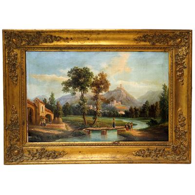 Paesaggio Fluviale con Alberi e Personaggi