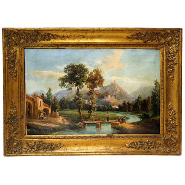 Paesaggio fluviale con alberi e personaggi