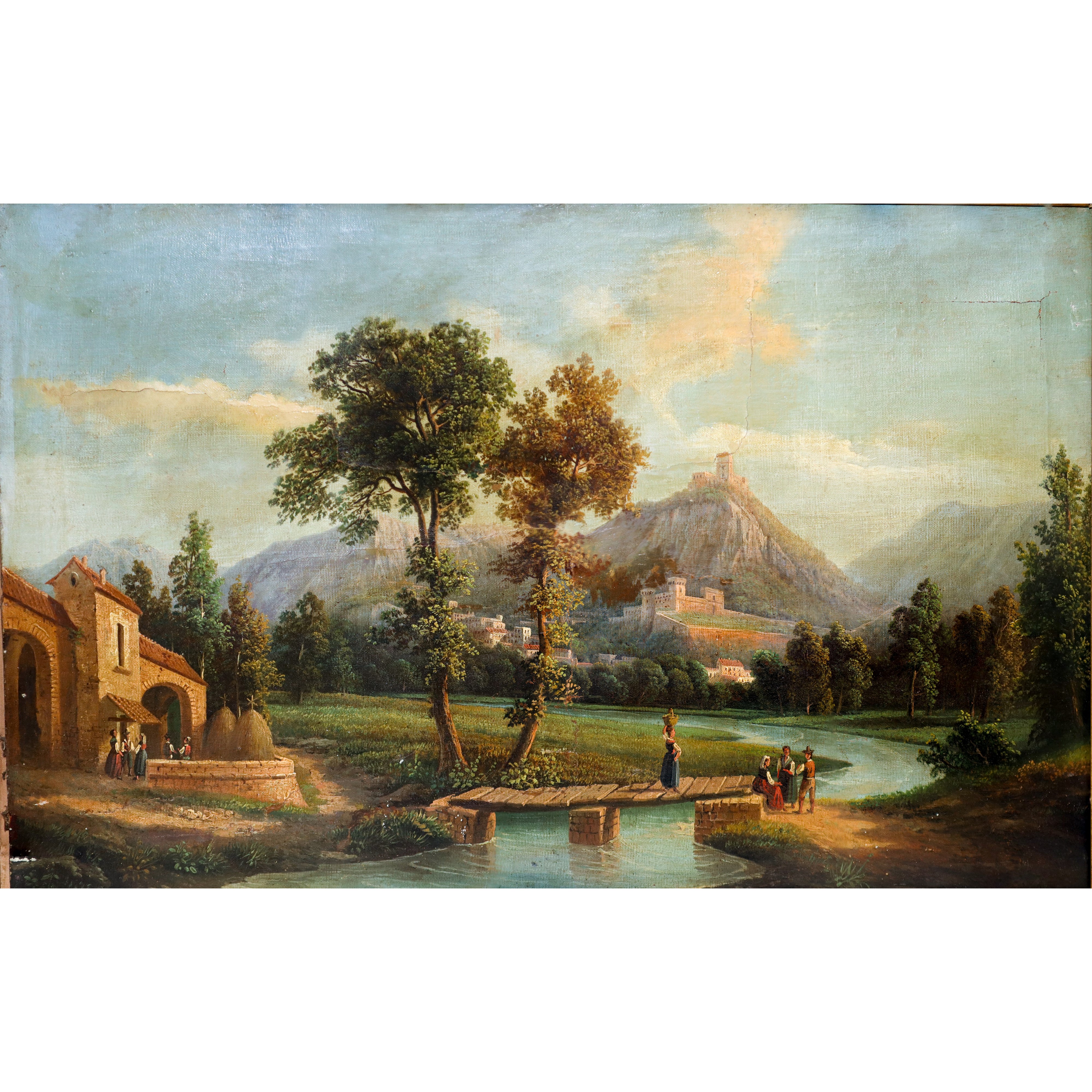 Paesaggio Fluviale con Alberi e Personaggi