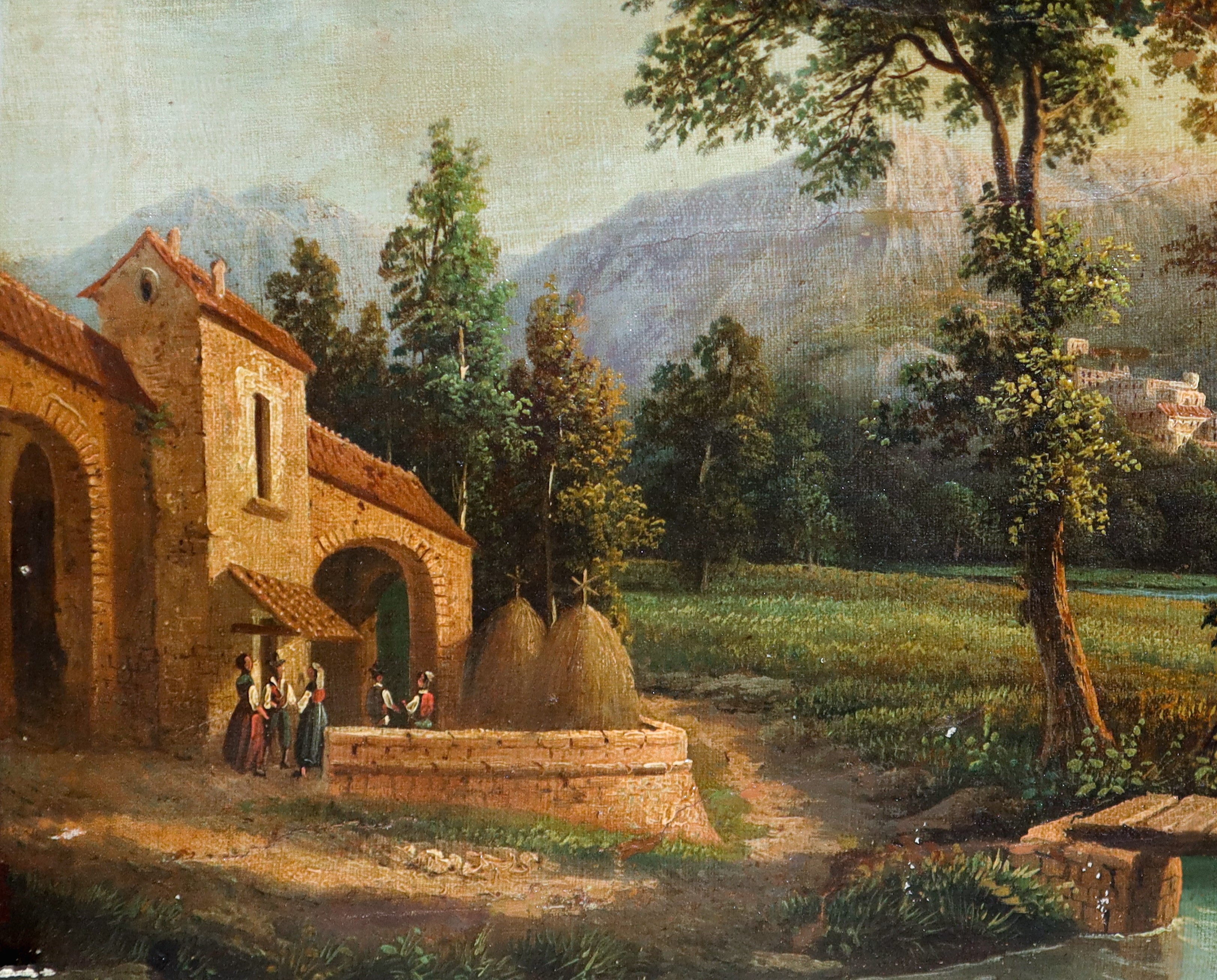 Paesaggio Fluviale con Alberi e Personaggi