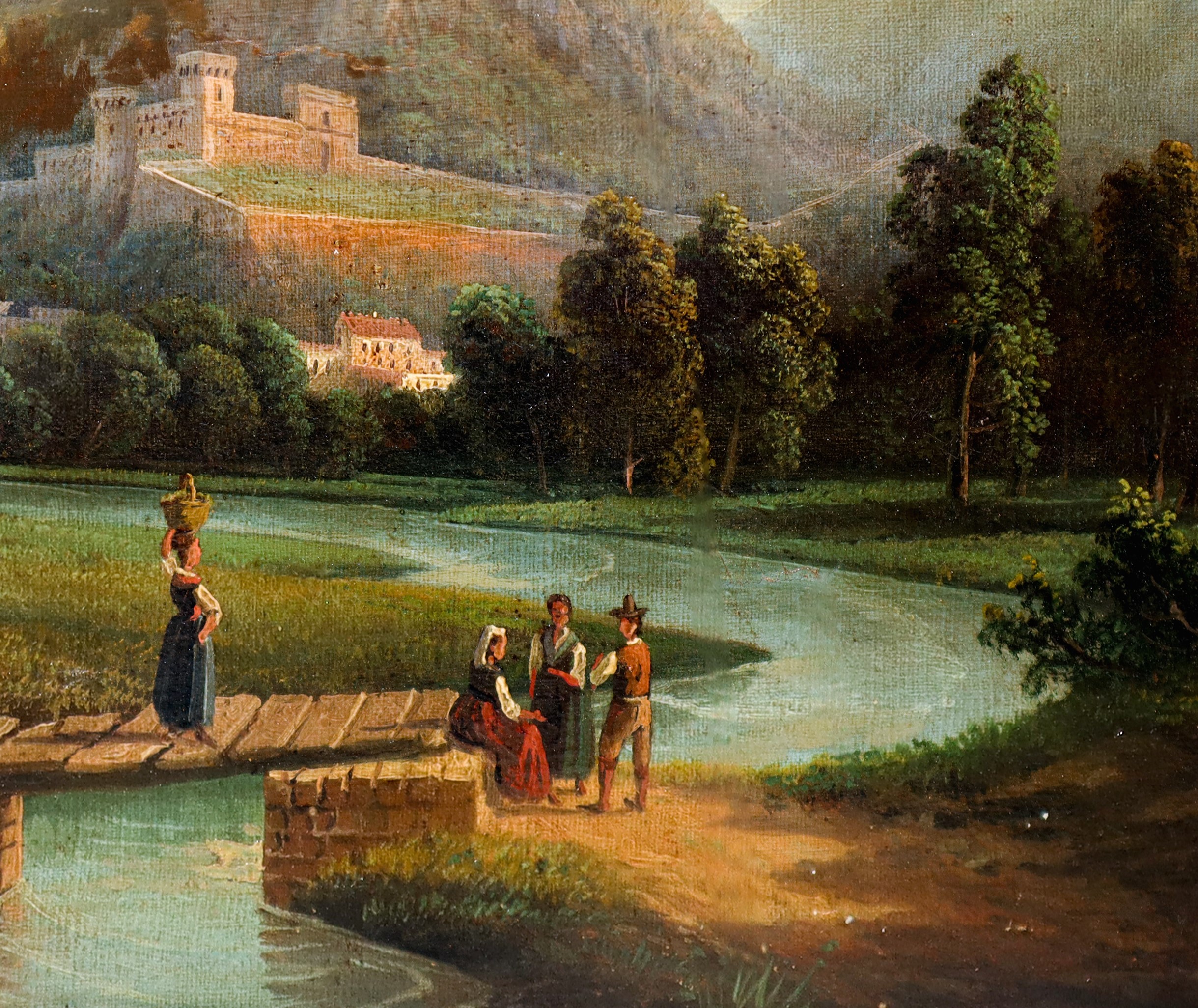 Paesaggio Fluviale con Alberi e Personaggi