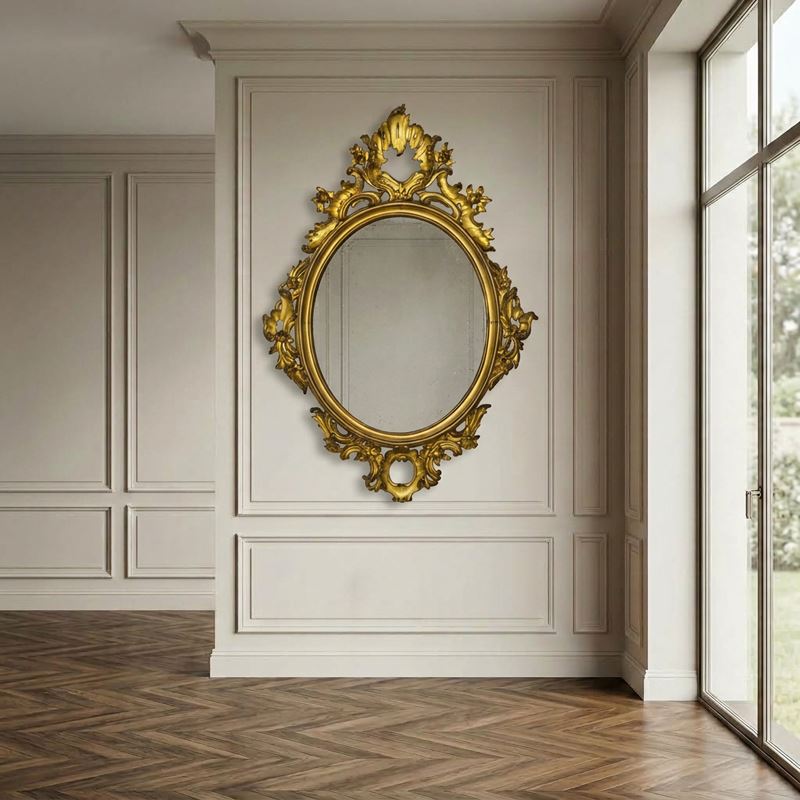 Specchiera Ovale in Legno Dorato a Foglia