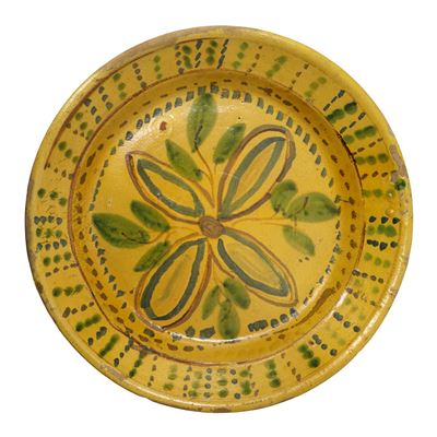 Grande Piatto in Maiolica di Caltagirone Dipinto Policromo con Fiore al Centro
