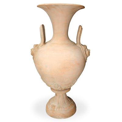 Vaso in Cotto su Sostegno con Prese a Guisa di Teste di Leone e Motivi Vegetali Decorativi