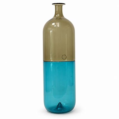 Vaso/Bottiglia modello “Bolle” in vetro giallo pagliesco e blu