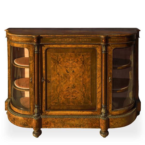 Low sideboard with inlaid central door and glass side doors