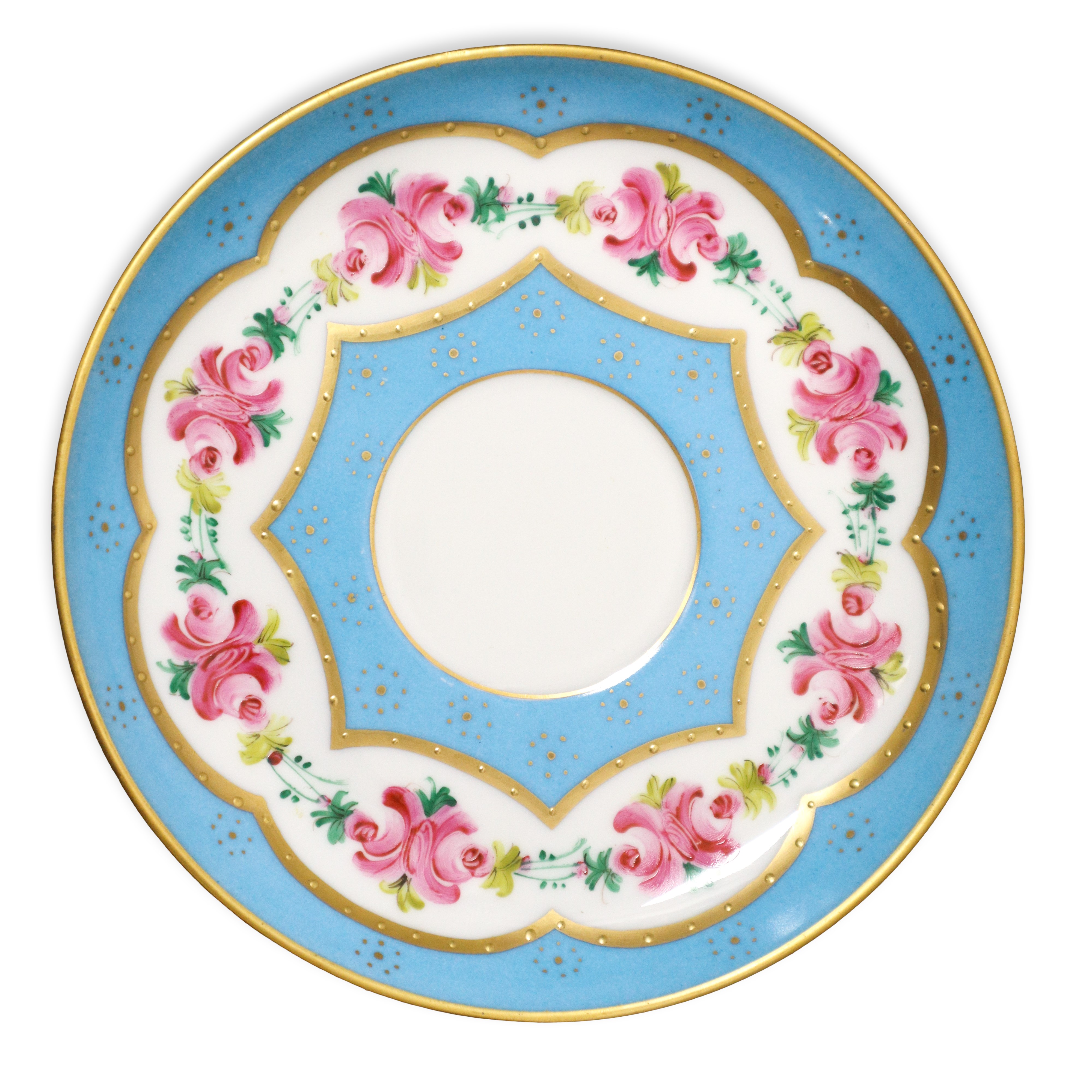 Gruppo in Porcellana di Limoges Blu con Decori Floreali Composto da Due Tazzine Alte e Borsetta d...