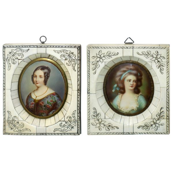 Pair of oval miniatures of ladies in a rectangular frame 