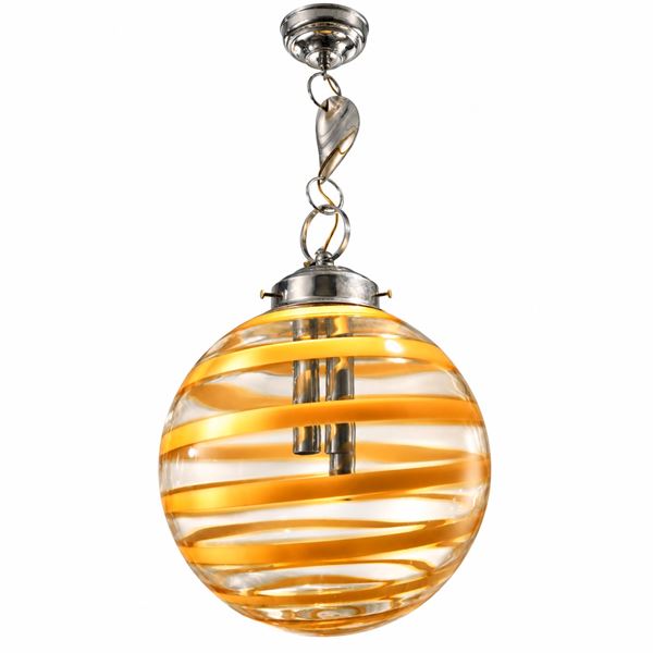Lampadario con 3 luci in vetro di Murano trasparente con dorature