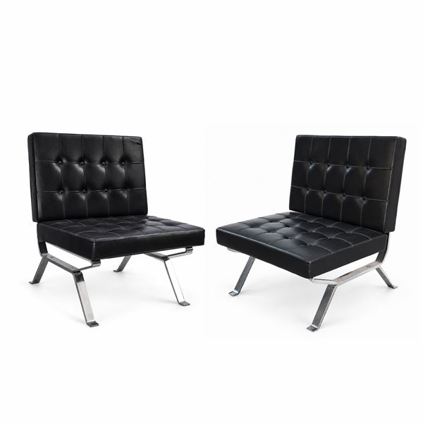 Mies van der Rohe   per Knoll - Coppia di poltrone modello Barcellona in pelle nera