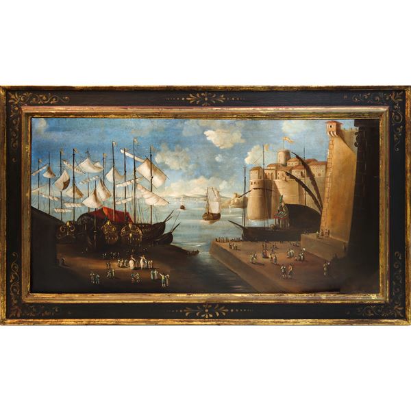 Paesaggio portuale con velieri personaggi e costruzioni architettoniche 