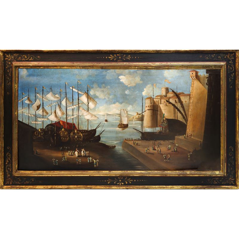 Paesaggio Portuale con Velieri Personaggi e Costruzioni Architettoniche