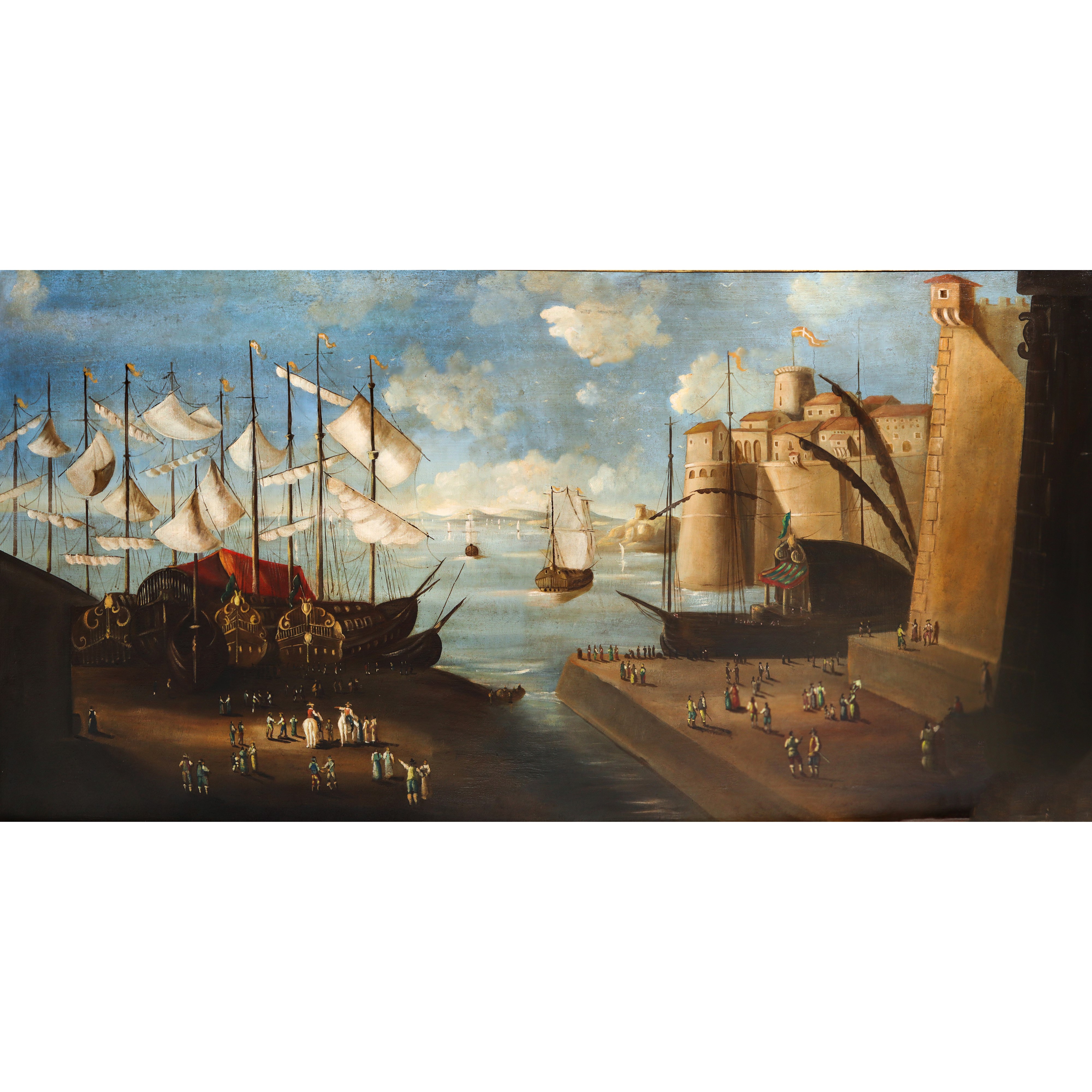 Paesaggio Portuale con Velieri Personaggi e Costruzioni Architettoniche