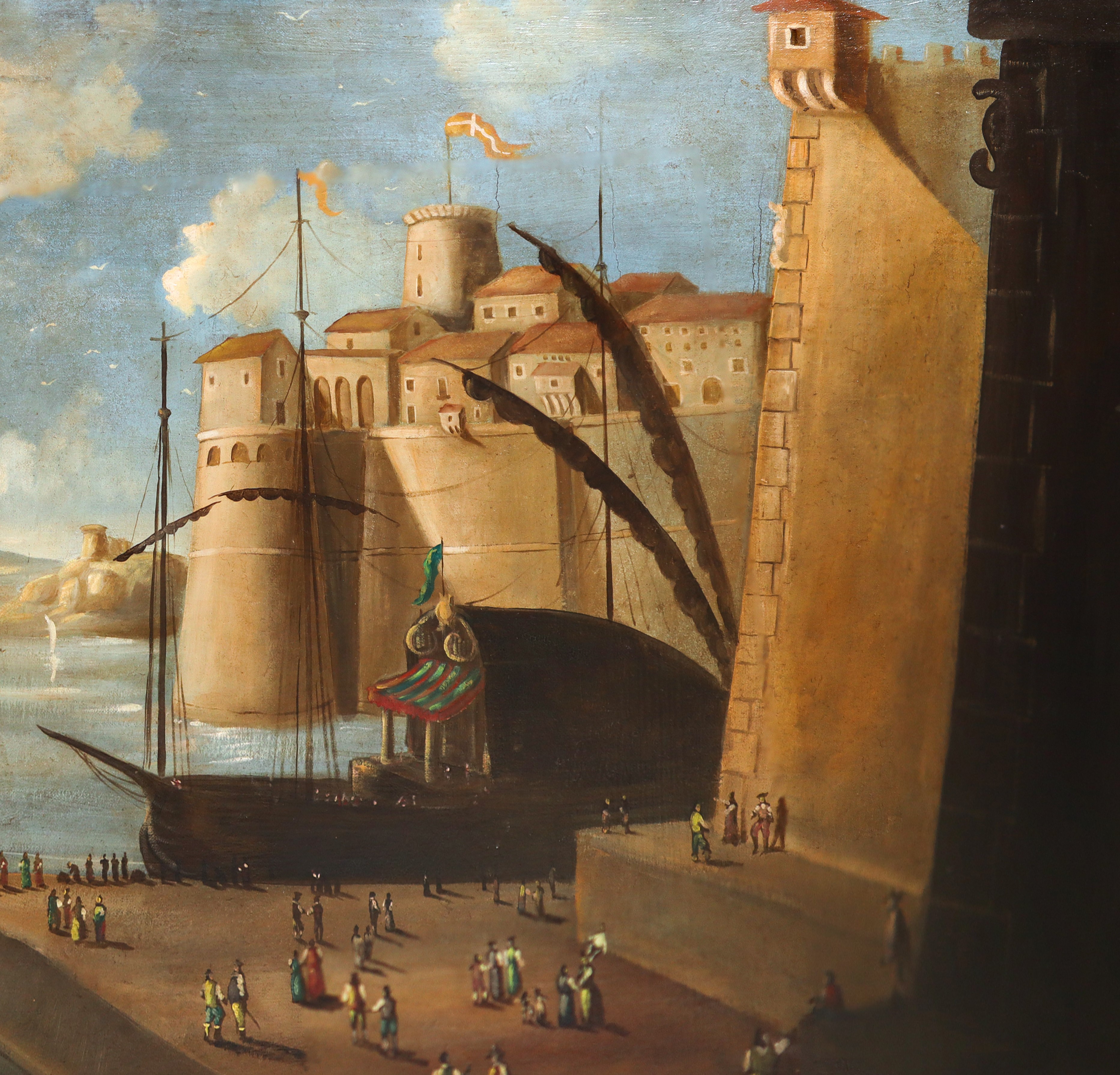 Paesaggio Portuale con Velieri Personaggi e Costruzioni Architettoniche