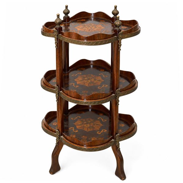 Three-tier coffee table with inlays on the shelves