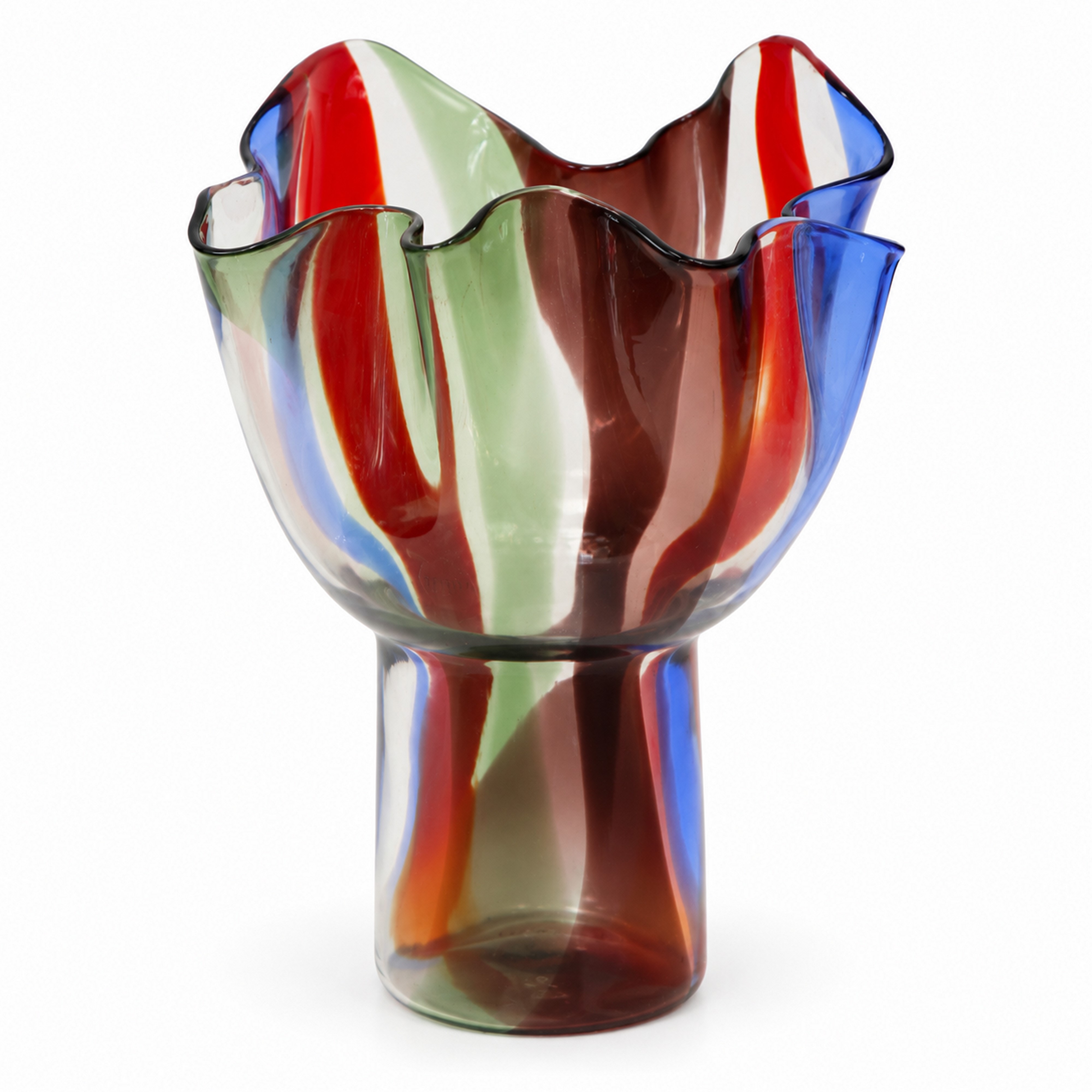 Timo Sarpaneva per Venini - Vaso Kukinto in vetro soffiato a fazzoletto con decoro a fasce policr...