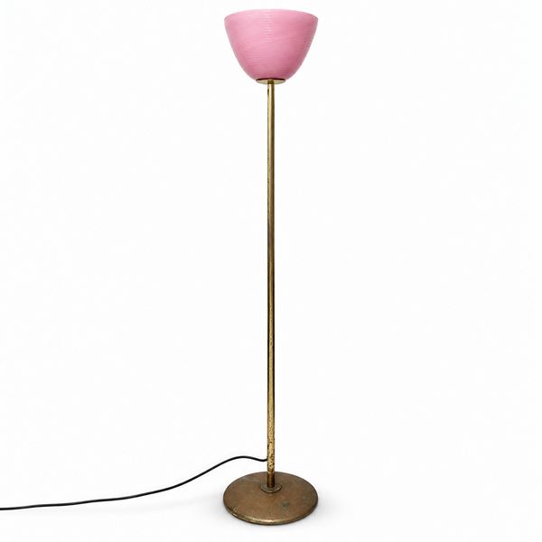 Effetre International - Piantana in ottone dorato con coppa in vetro di Murano rosa a filigrana