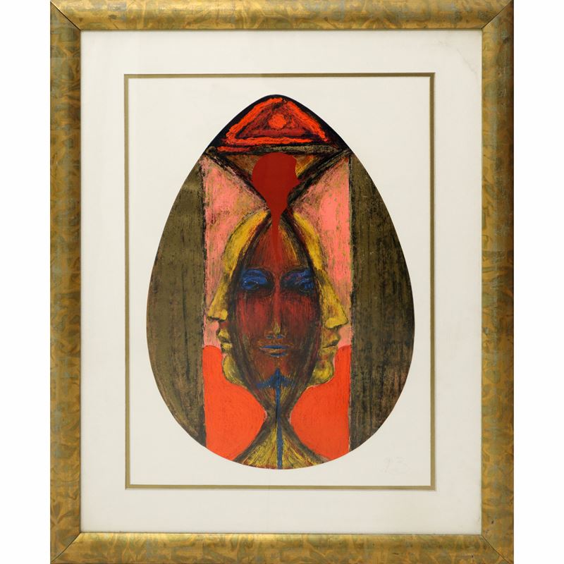 Bruno Ceccobelli - Volti, litografia con interventi in serigrafia (18 colori), 1992