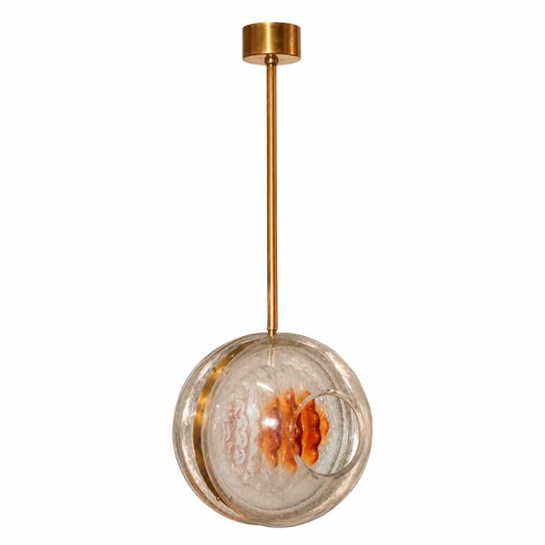 Lampadario in vetro a doppio lobo sferico con interno vetro colorato