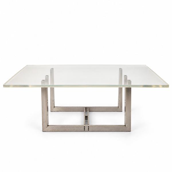Carlo Scarpa per Simon Gavina - Tavolo modello Sarpi con struttura in acciaio spazzolato e piano rettangolare in plexiglass