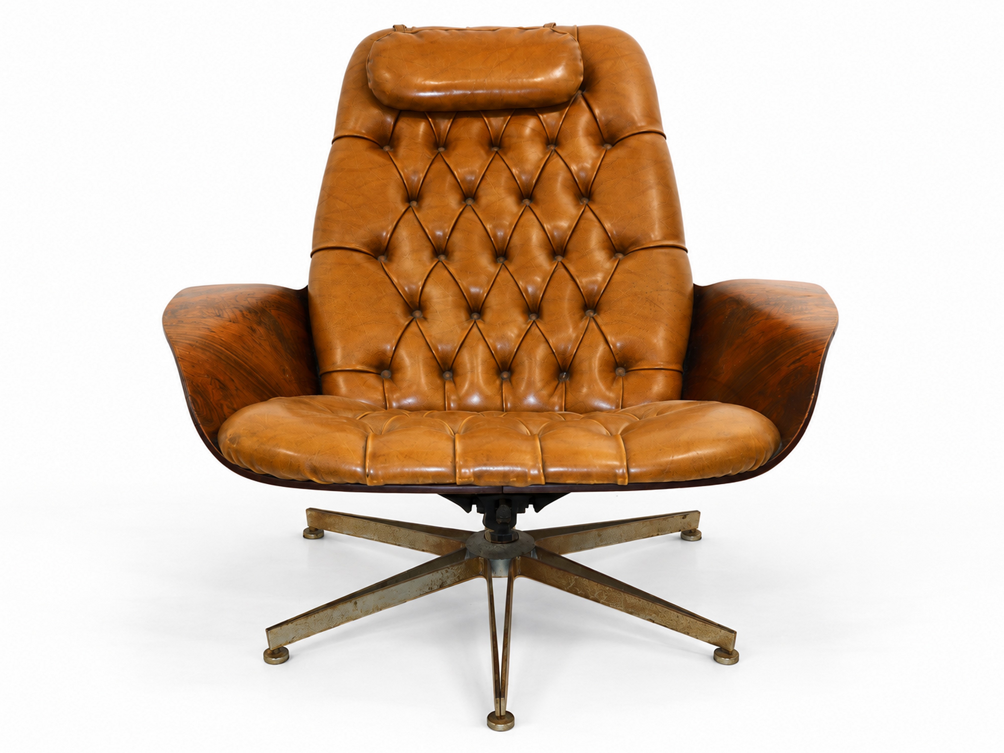 George Mulhauser per Plycraft - Poltrona Mr. Chair con ottomana in pelle color cognac