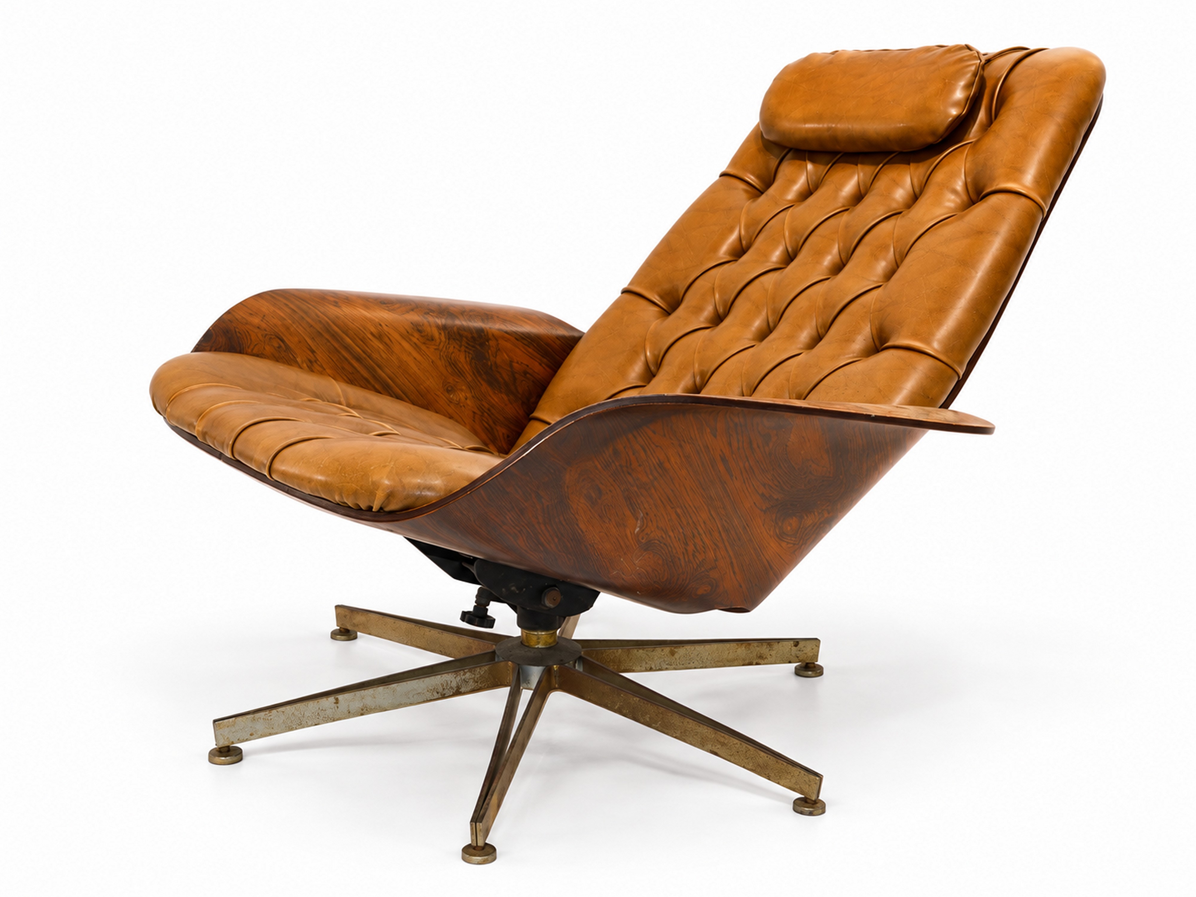 George Mulhauser per Plycraft - Poltrona Mr. Chair con ottomana in pelle color cognac