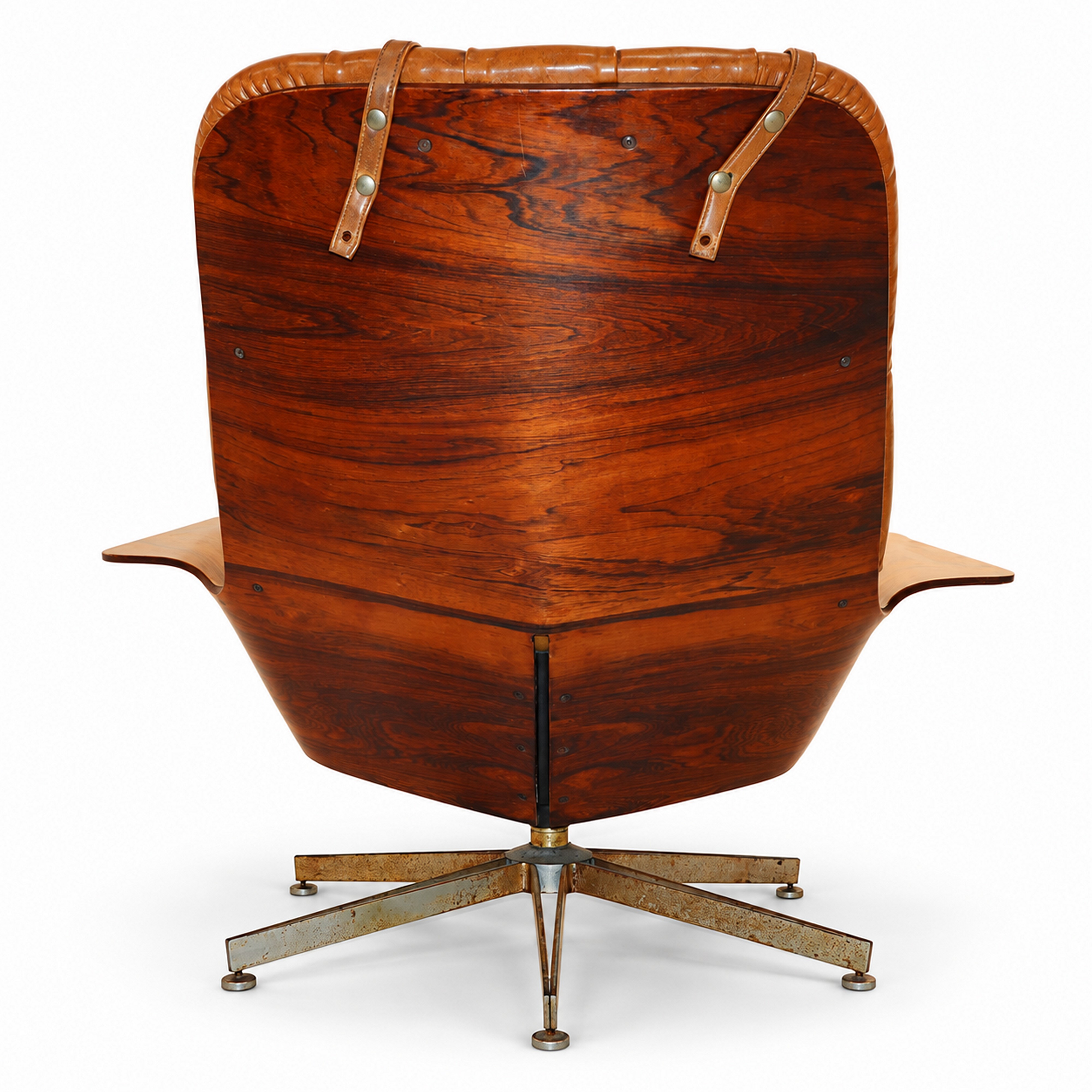 George Mulhauser per Plycraft - Poltrona Mr. Chair con ottomana in pelle color cognac