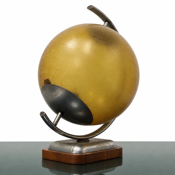 Lampada da tavolo Art Decò stile Bauhaus con diffusore in vetro acidato ambrato decorato