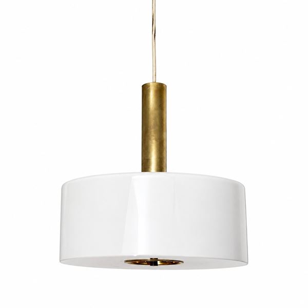 Stilux - Lampadario con paralume a tamburo in vetro opalino bianco lucido e montatura cilindrica in ottone