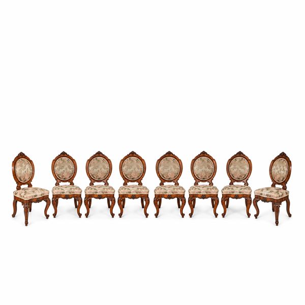 No. 8 Louis Philippe chairs with shaped backrest, curved legs and padded seat covered with fabric with decorative floral motifs