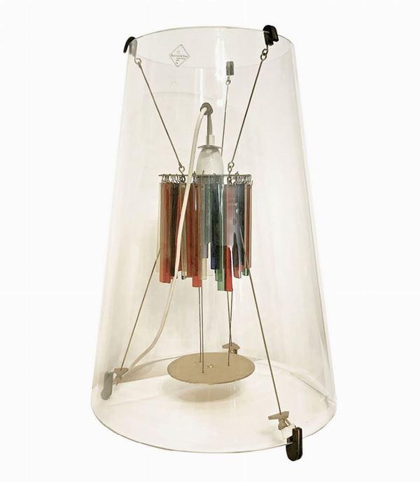 Production Barovier and Toso, Umberto Riva design, table lamp. Years & Rsquo 70., with truncated transparent glass structure, ...