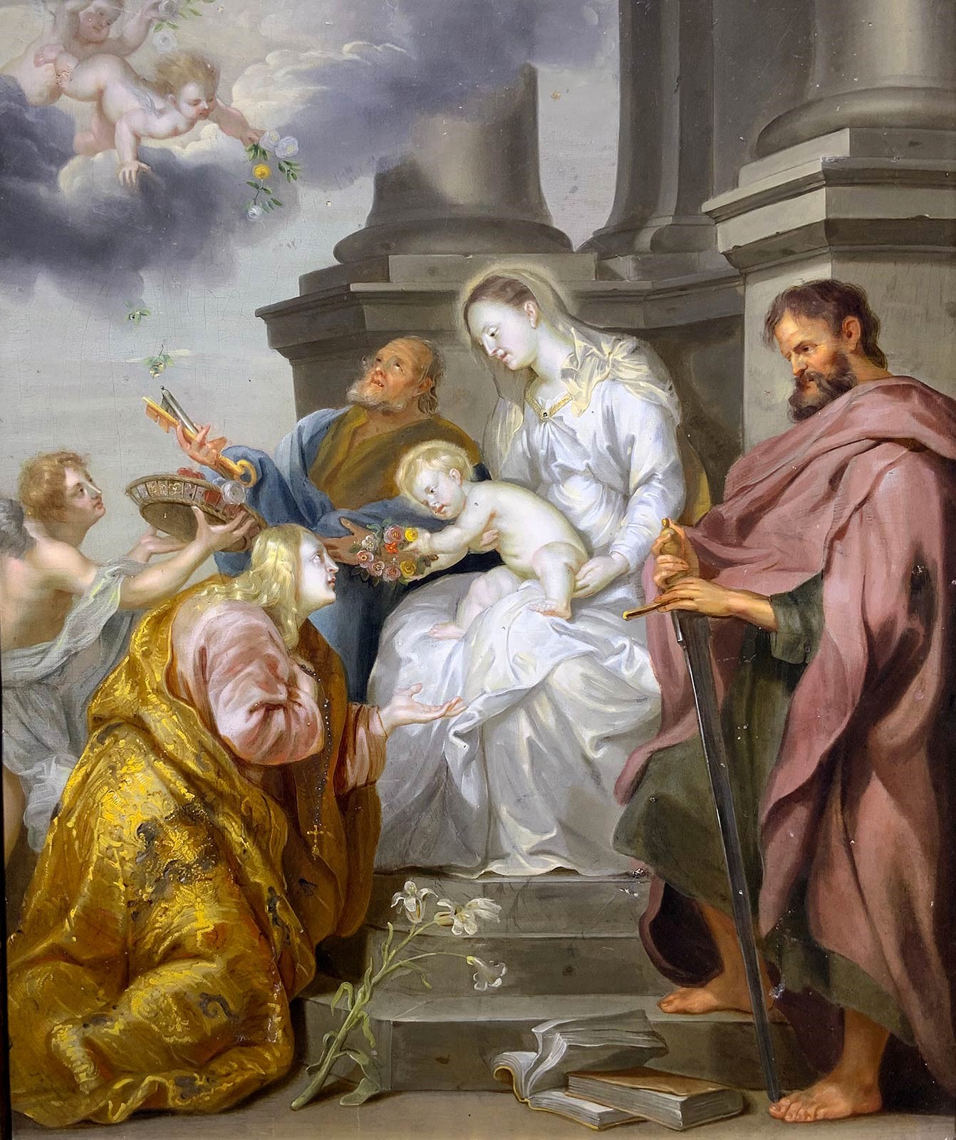 Pittore fiammingo del XVII secolo, Santa Rosalia con Madonna, Gesù bambino e Santi Pietro e Paolo...