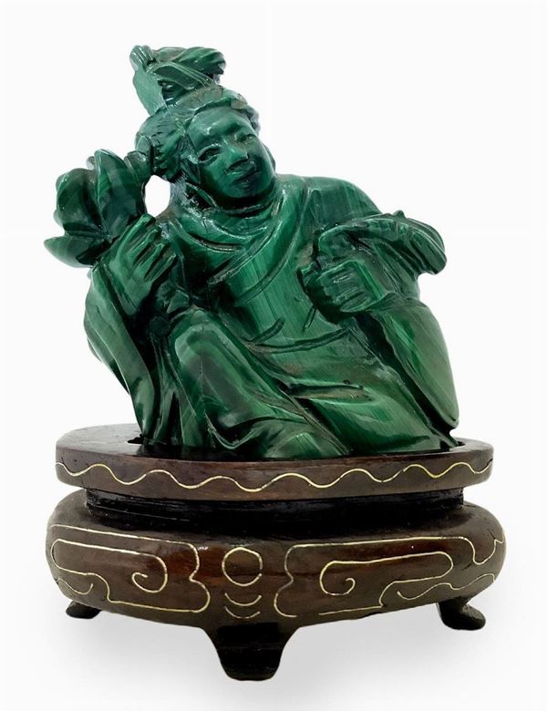 Small sculpture depicting malachite Chinese character with flower in hand. Cm 5.5x 4. Base cm 2 (right side gluing)
