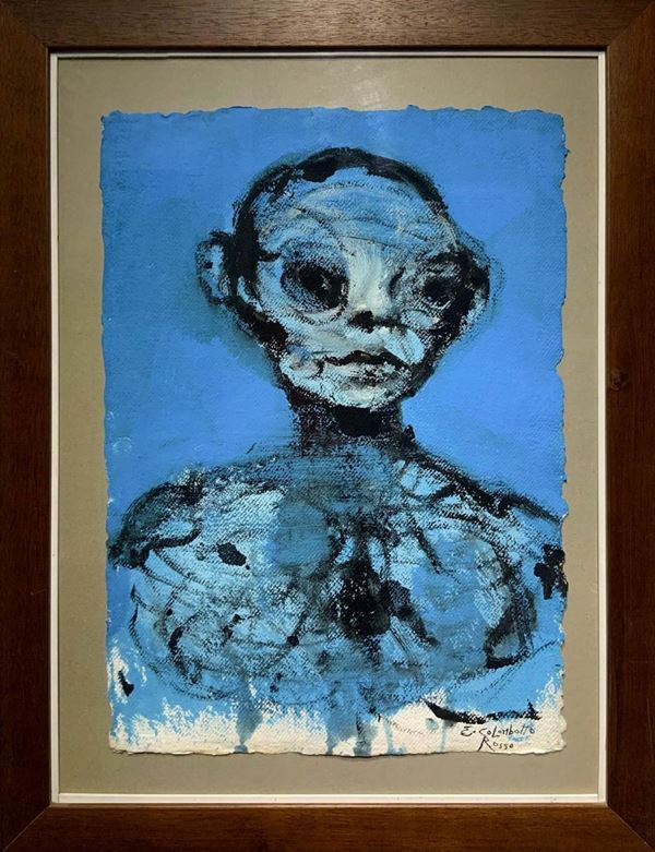 Dipinto a tempera su carta bevagna raffigurante metamorfosi, 2003 di Colombotto Rosso Enrico (Torino, 1925 – Casale Monferrato,2013). Cm 51x37. Firmato in basso a destra, sigla e tecnica sul retro, pubblicata sul catalogo della mostra “Stemperando 2003” Verso L’Arte Edizioni, tenutasi presso la Galleria Civica D’Arte di Spoleto dal 28.06.2003 al 15.08.2003, pagina 19.
