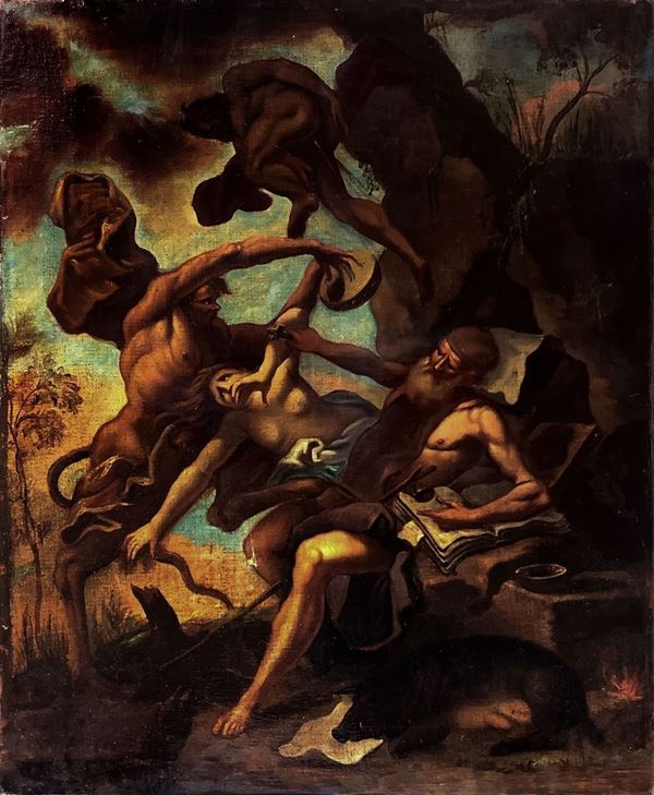Dipinto ad olio su tela applicata a tavola raffigurante natività con adorazione dei pastori. Siciia, XVIII secolo.Cm 39x25.