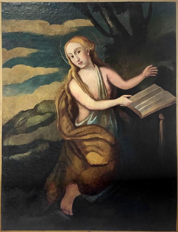 Dipinto ad olio su tela raffigurante Maddalena. Pittura popolare della fine del XVIII secolo. Sicilia. Cm 101x75
