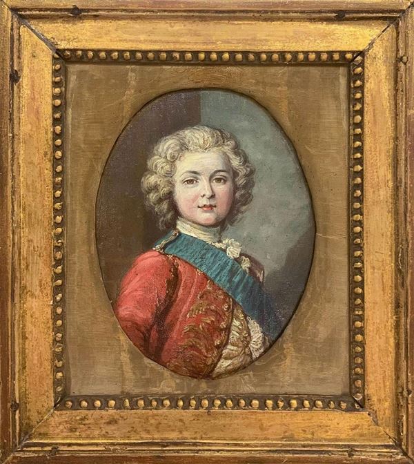 Oil painting on canvas depicting young prince, 19th Century. Cm 26x19 oval gilt frame.