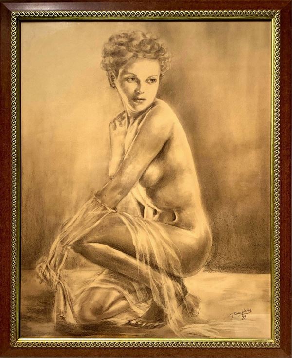 Disegno a seppia raffigurante nudo di donna accovacciata con velo, Firmato G. Campione. Cm 60x45,5, in cornice cm 68,5x54