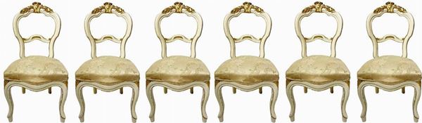   No. 6 chairs in shades of beije and gold leaf, Louis Philippe, nineteenth century, coming from noble Sicilian family. H 95x45x45 cm