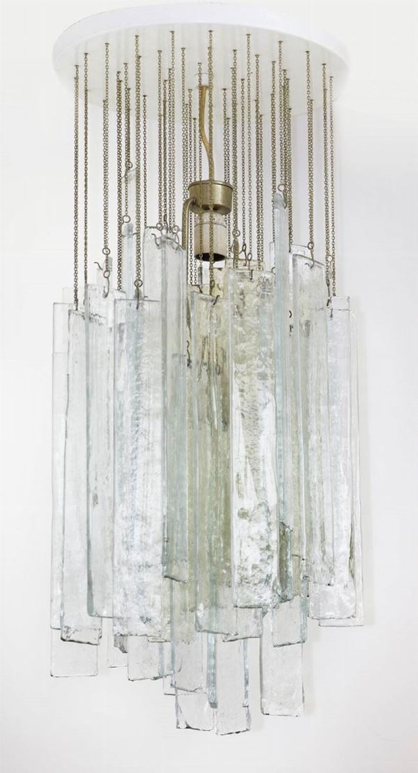 Mazzega, lampadario in vetro e catena ottone, anni '60.