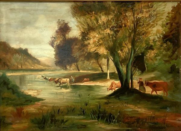 Scena agreste con buoi al fiume