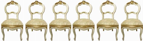 No. 6 chairs in shades of beije and gold leaf, Louis Philippe, nineteenth century, coming from noble Sicilian family. H 95x45x45 cm