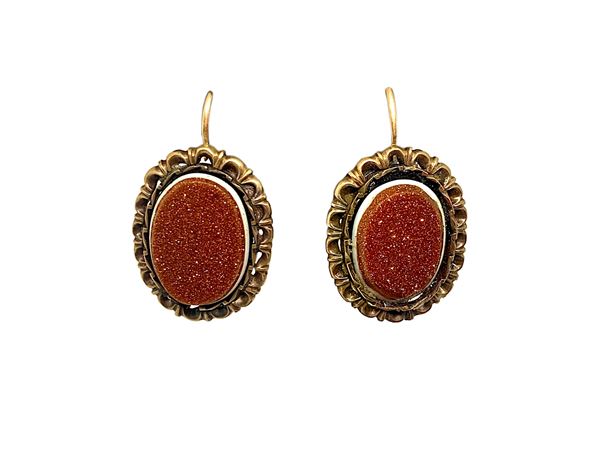 Gold earrings low titer with Aventurine Stone. silver hallmarked.