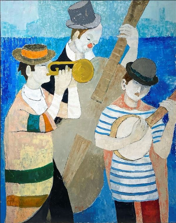 Max Dissar(1908-1993),dipinto ad olio su tela “le musicien” , firmato in basso al centro Max Dissar e datato ‘75. Cm 73x92, in cornice cm 112x92
