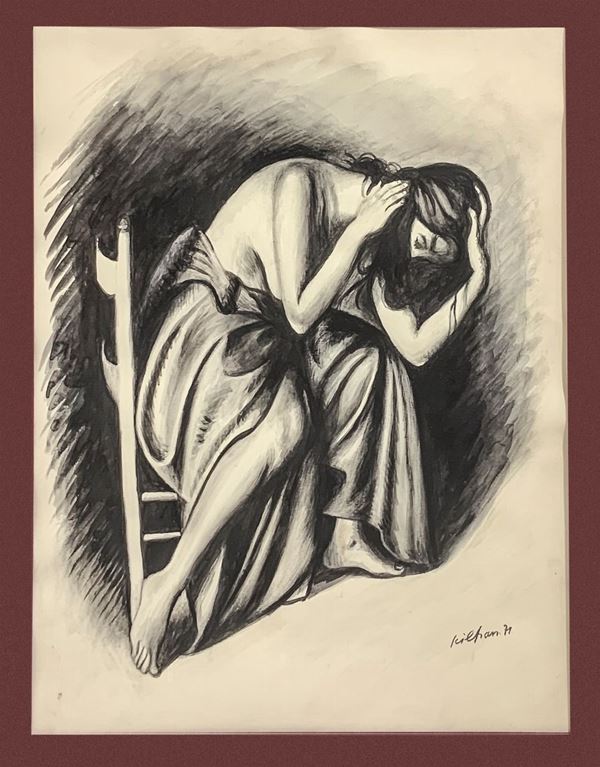 Ink drawing depicting nude woman with robe, signed on the lower right corner Sciltian 71. 44x34 cm, in frame 72x62 cm