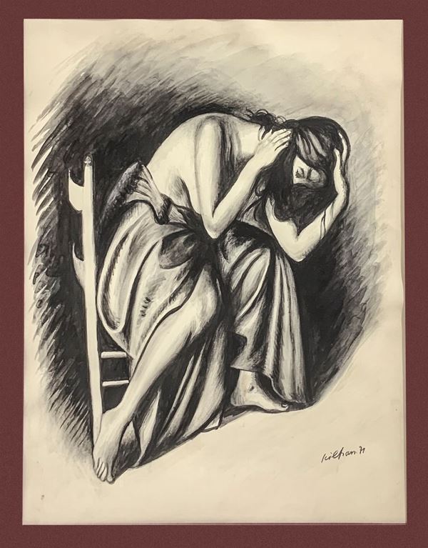 Disegno a china raffigurante nudo di donna con veste, firmato in basso a destra Sciltian 71. Cm 44x34, in cornice cm 72x62