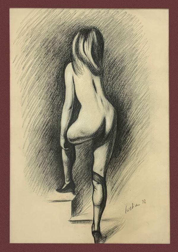 Disegno raffigurante nudo di donna di schiena, firmato in basso a destra Sciltian 72. Cm 45x31, in cornice cm 73,5x63,5