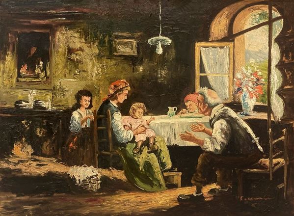 Dipinto ad olio su tela raffigurante scena d'interno con famiglia, firmato in basso a destra Cecconi. Cm 60x79, in cornice cm 83x120