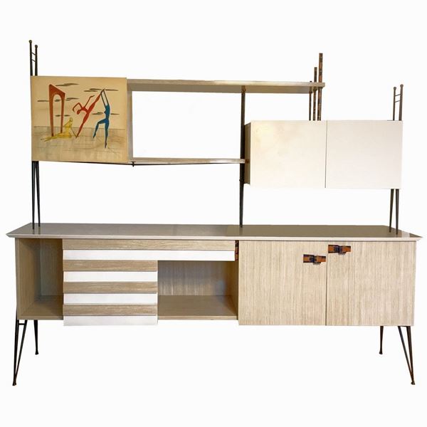 Siva Poggibonsi. Anni â€™50. Credenza in legno rivestita in formica. struttura in metallo laccato e finiture in ottone, applicazione di maniglie ed ... 